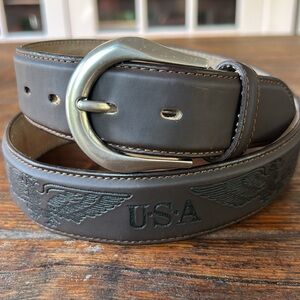 American Design Leather Men's Brown Leather Belt with USA Eagle Design